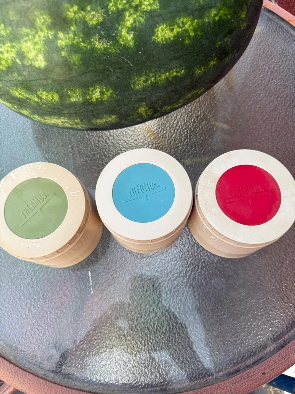 Thermos Beige Canister Set with Red, Blue, and Green Lids
